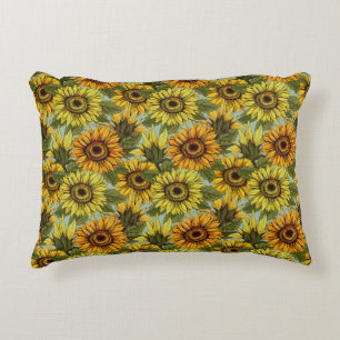 Sunflowers on Sage Background Foliage Orange Yello Accent Pillow