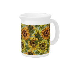 Sunflowers on Sage Background Foliage Orange Yello Beverage Pitcher