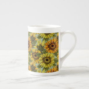 Sunflowers on Sage Background Foliage Orange Yello Bone China Mug