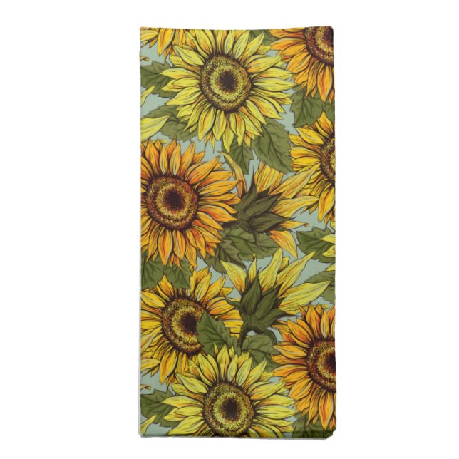 Sunflowers on Sage Background Foliage Orange Yello Cloth Napkin (Folded)