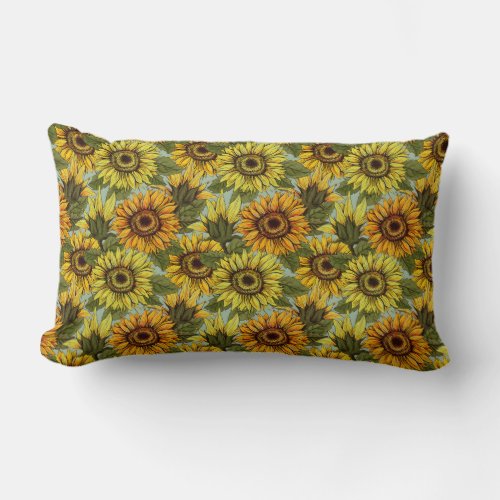 Sunflowers on Sage Background Foliage Orange Yello Lumbar Pillow