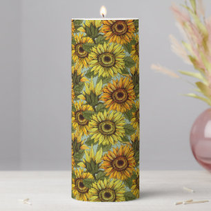 Sunflowers on Sage Background Foliage Orange Yello Pillar Candle