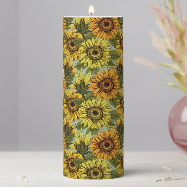 Sunflowers on Sage Background Foliage Orange Yello Pillar Candle (In Situ)