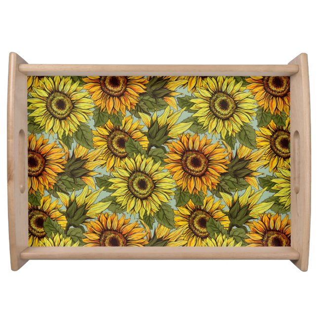 Sunflowers on Sage Background Foliage Orange Yello Serving Tray (Front)