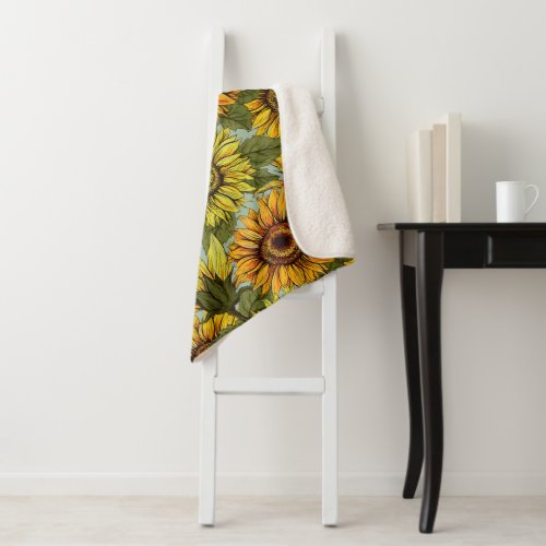 Sunflowers on Sage Background Foliage Orange Yello Sherpa Blanket