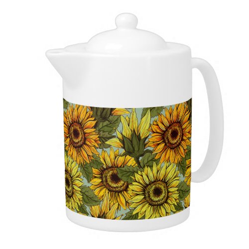 Sunflowers on Sage Background Foliage Orange Yello Teapot