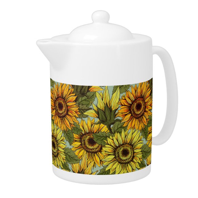 Sunflowers on Sage Background Foliage Orange Yello Teapot (Right)