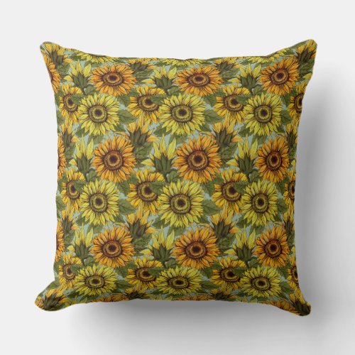 Sunflowers on Sage Background Foliage Orange Yello Throw Pillow