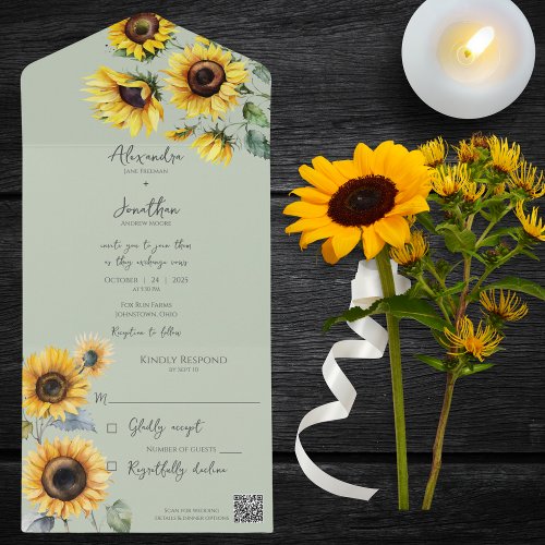 Sunflowers on Sage Green QR Code  All In One Invitation