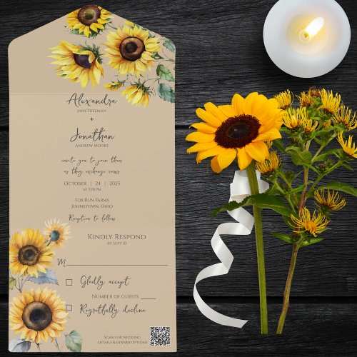 Sunflowers on Tan QR Code  All In One Invitation
