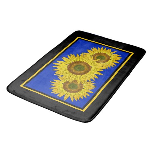 Sunflowers on True Blue and Black Bath Mat