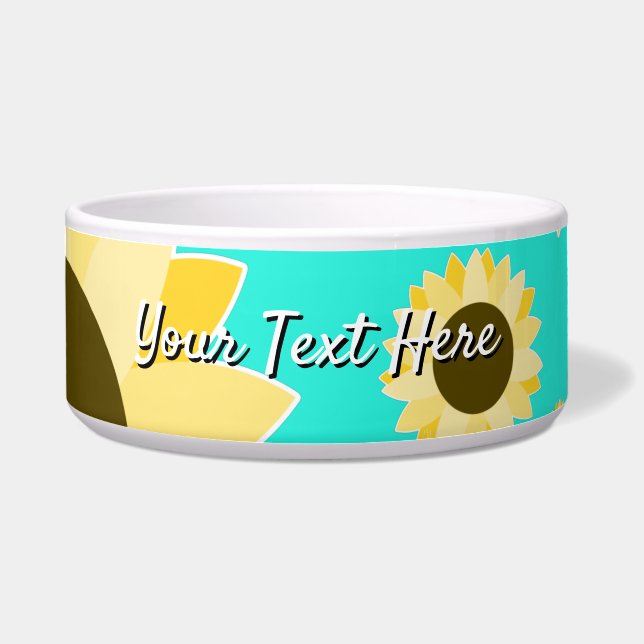 Sunflowers on Turquoise Ceramic Pet Bowl (Front)