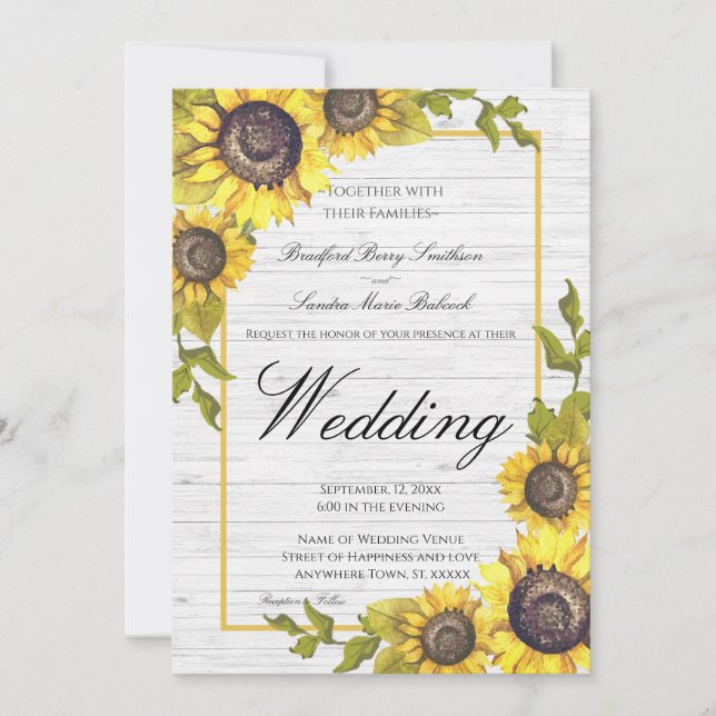 Sunflowers on white wood: Wedding Wedding invitati Announcement (Front)