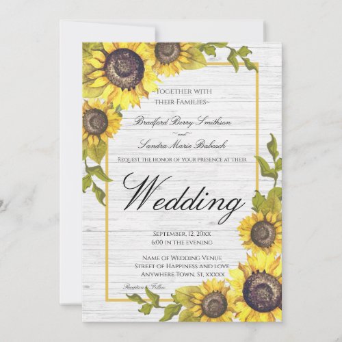 Sunflowers on white wood Wedding Wedding invitati Announcement
