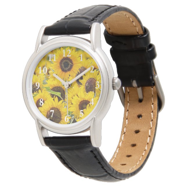 Sunflowers on Women's Black Leather Strap Watch (Angled)
