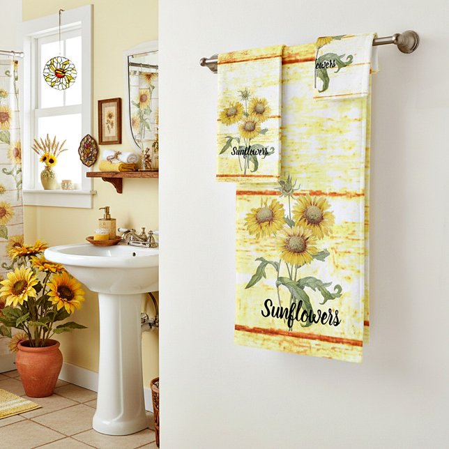 Sunflowers on wood bath towel set (Creator Uploaded)