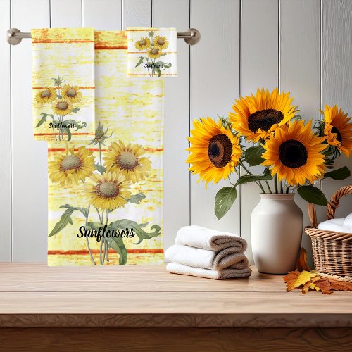 Sunflowers on wood bath towel set