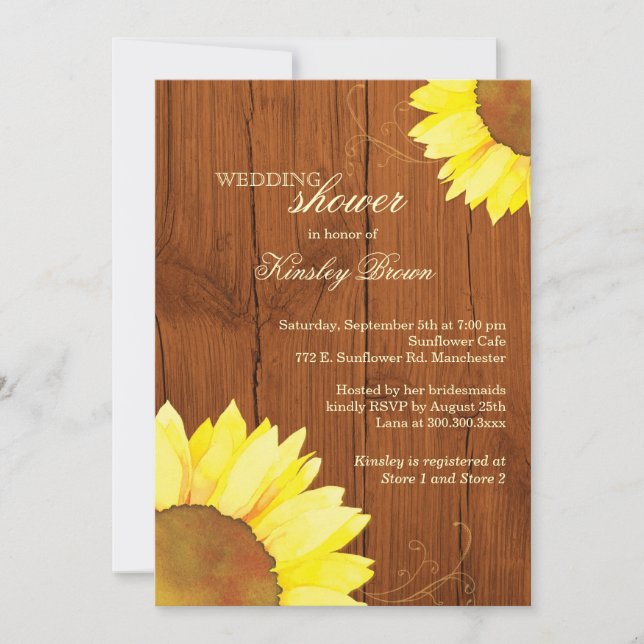 Sunflowers on Wood Rustic Bridal Shower Invitation (Front)