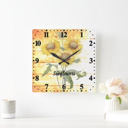 Sunflowers on wood square wall clock