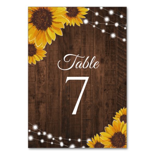 Sunflowers on Wood  String Lights Rustic Wedding Table Number