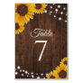 Sunflowers on Wood & String Lights Rustic Wedding Table Number