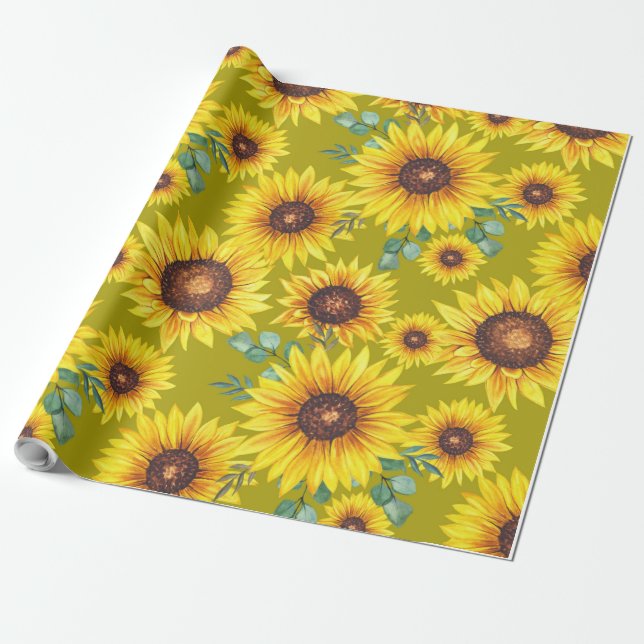 Sunflowers on Yellow Background Wrapping Paper (Unrolled)