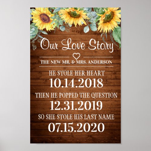 Sunflowers  Our Love Story Timeline Wedding Sign