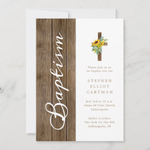 Sunflowers Over Rustic Wood White Baptism Invitation
