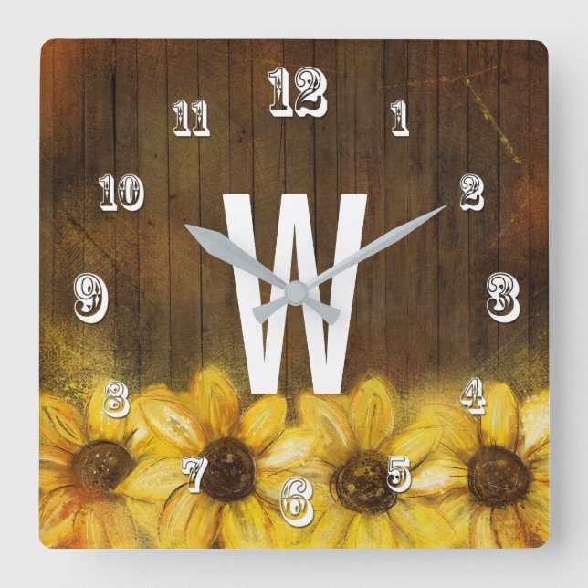 Sunflowers Painted on Wood | Monogram Square Wall Clock (Front)