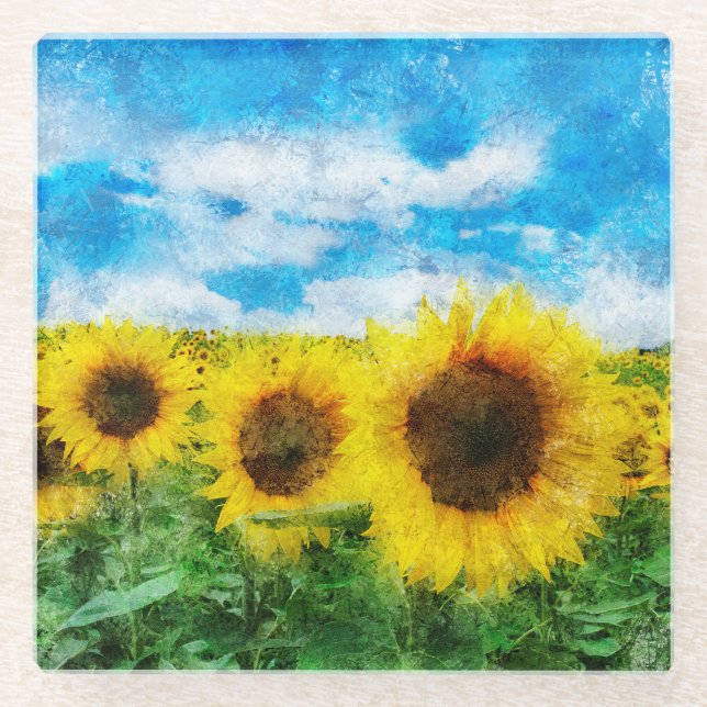 Sunflowers painting glass coaster (Front)