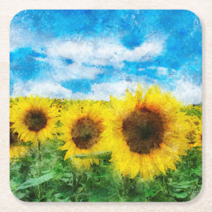 Sunflowers painting square paper coaster