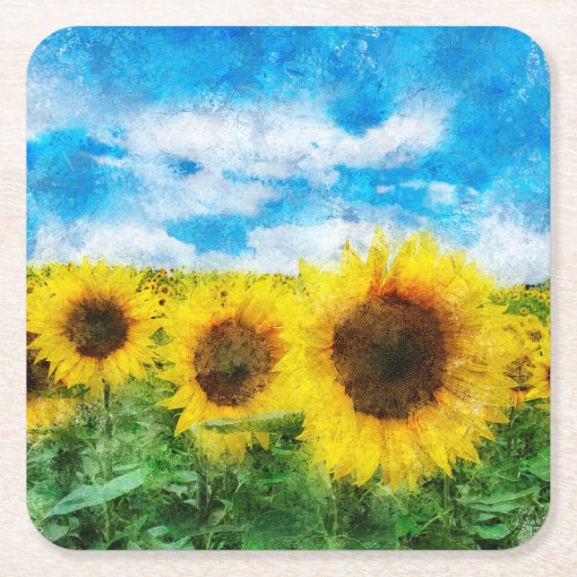 Sunflowers painting square paper coaster (Front)