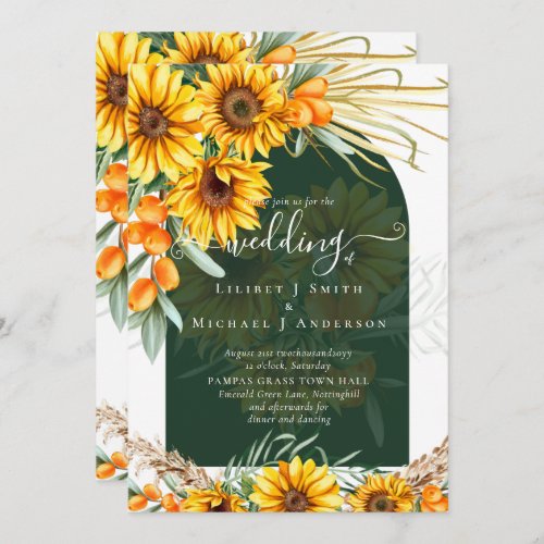 Sunflowers Pampas Grass Emerald Green BOHO Wedding Invitation