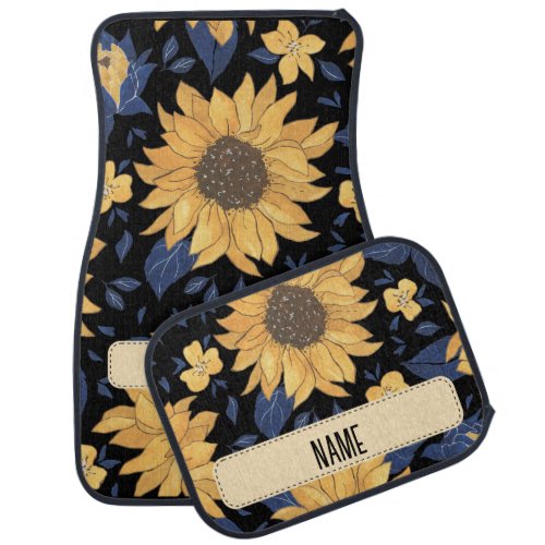 Sunflowers Pattern _ Custom Name Floral Car Floor Mat