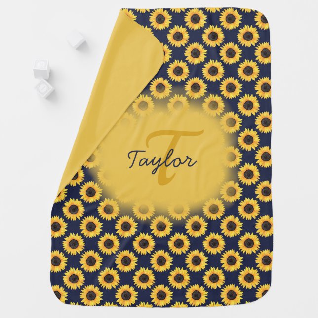 Sunflowers Pattern Navy Neutral Baby Shower Blanket (In Situ)