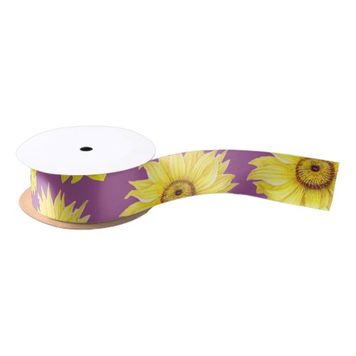 Sunflowers Pattern On Purple Satin Ribbon