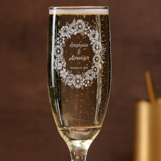 Sunflowers, Peonies, Forget me not Wreath Wedding Champagne Flute (Creator Uploaded)