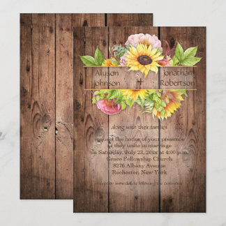 Sunflowers Peonies Greenery Barnwood Wedding | Invitation