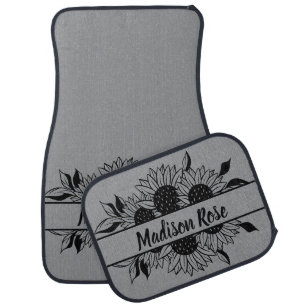 Sunflowers Personalized Name  Gray Black Car Floor Mat