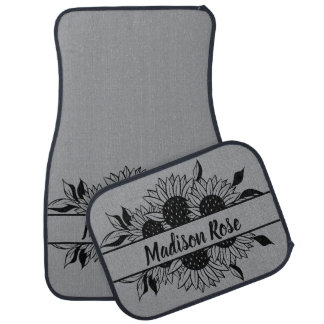 Sunflowers Personalized Name  Gray Black Car Floor Mat