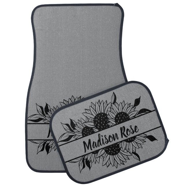 Sunflowers Personalized Name  Gray Black Car Floor Mat (Set)