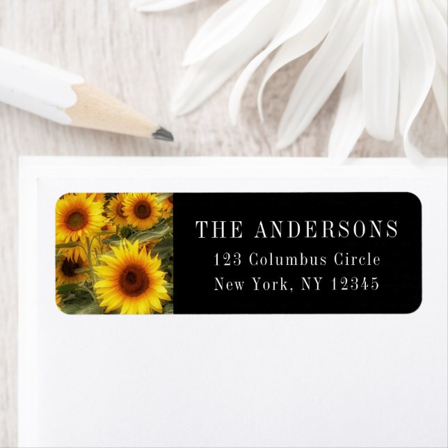 Sunflowers Photo Black Return Address Label (Insitu)