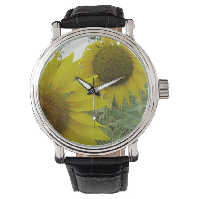 Sunflowers Photo Custom Black Vintage Leather Watch (Front)