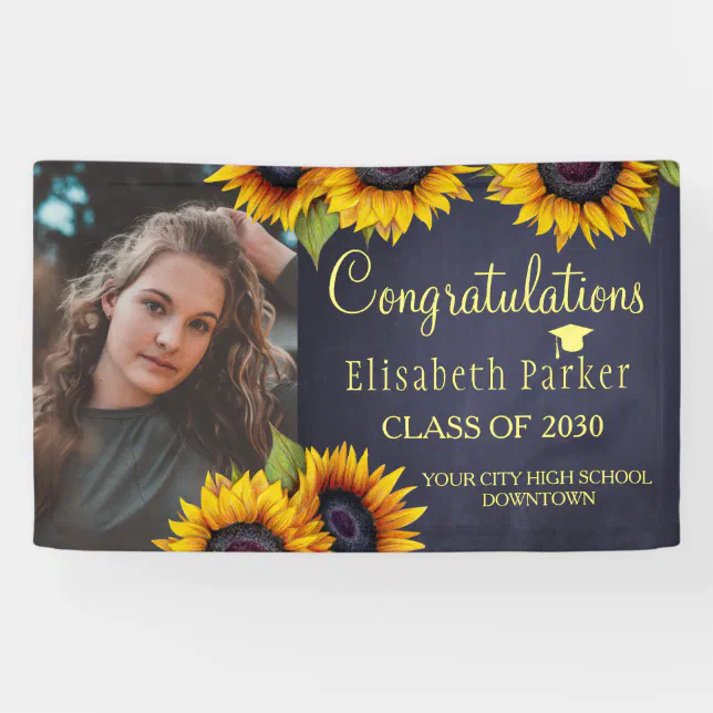 Sunflowers PHOTO gold graduation congratulations Banner | Zazzle