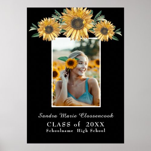 Sunflowers photo Modern Rustic Black Graduation An Poster
