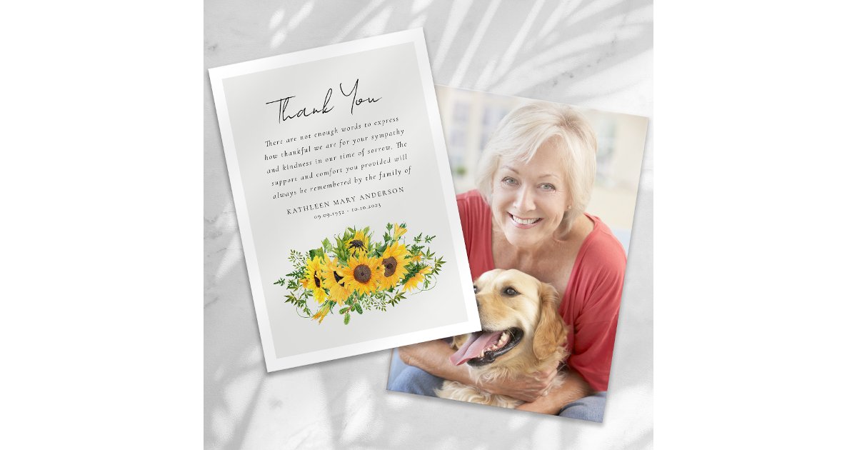Sunflowers Photo Sympathy Funeral Thank You Card | Zazzle