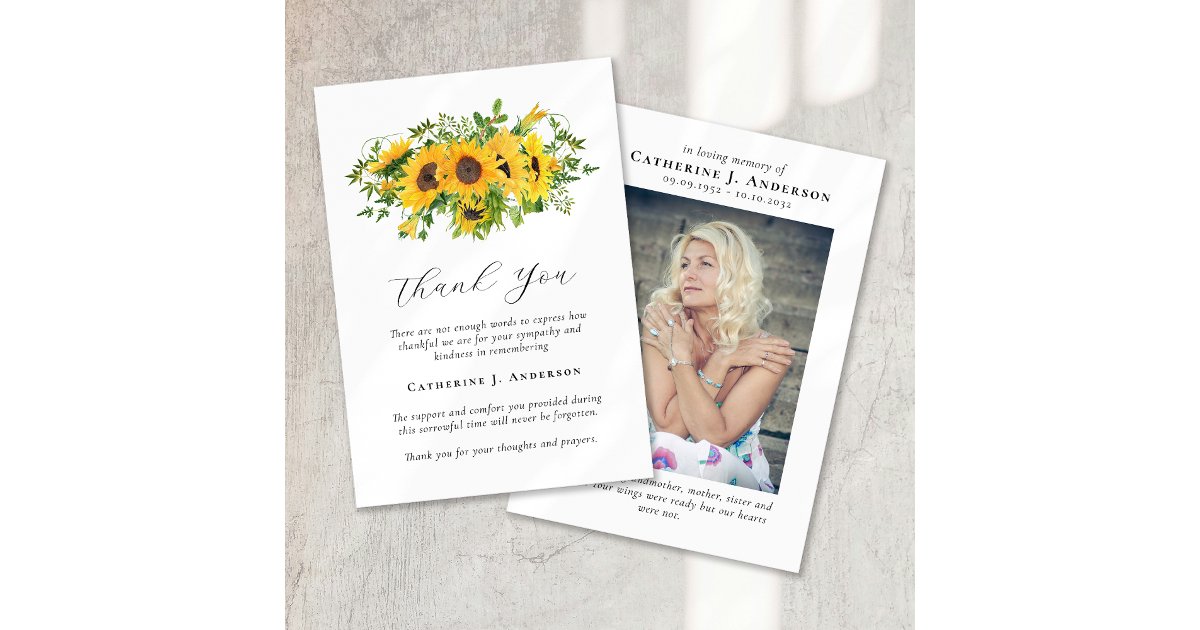 Sunflowers Photo Sympathy Funeral Thank You Card | Zazzle