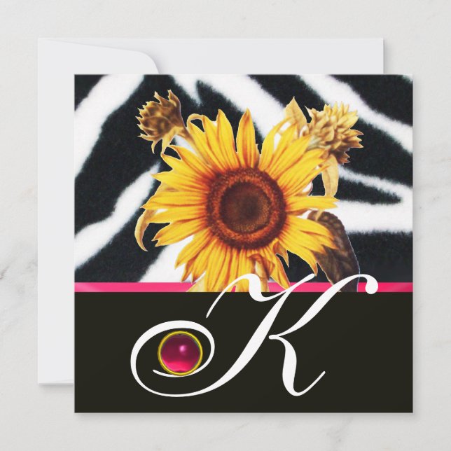 SUNFLOWERS ,PINK BLACK WHITE ZEBRA FUR MONOGRAM INVITATION (Front)