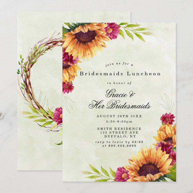 Sunflowers Pink Bridesmaids Luncheon Invitations (Front/Back)