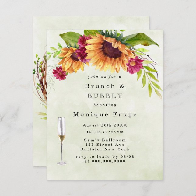 Sunflowers Pink Floral Brunch & Bubbly Invites (Front/Back)